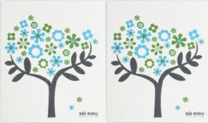 swedish dishcloth/sponge cloth eco-friendly reusable - blue green malin westberg designs (2 blue-green flower trees)