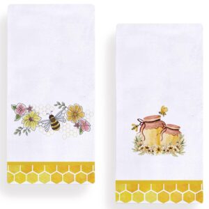 watercolor bee flowers kitchen dish towel 18 x 28 inch, honey jar summer towels dish cloth for cooking baking set of 2