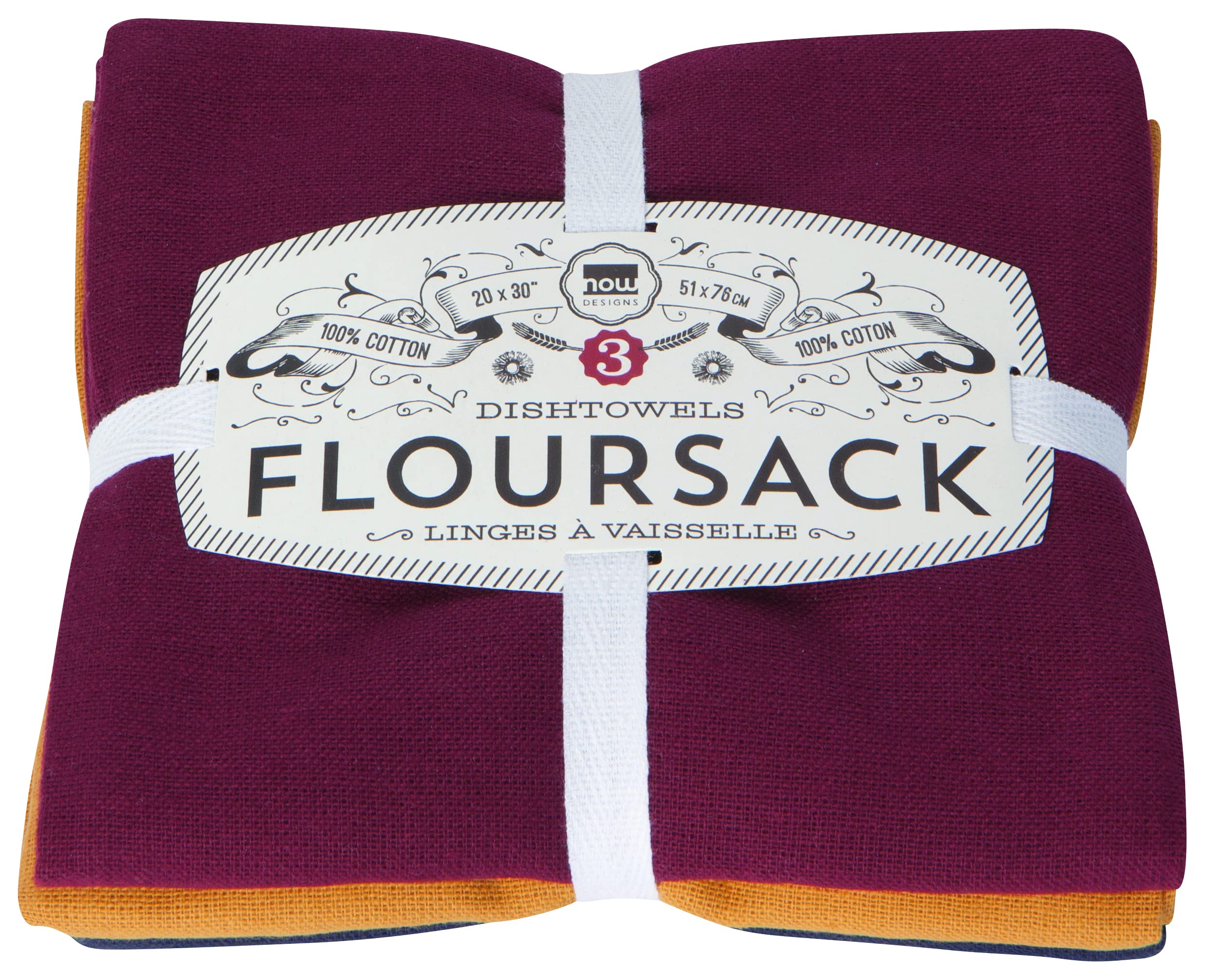 Now Designs Floursack Kitchen Dish Towels Wine/Maize/Midnight 20 x 30in, Set of 3