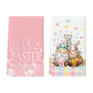 artoid mode gnome bunny rabbit eggs pink hello easter kitchen towels dish towels, 18x26 inch seasonal spring decoration hand towels set of 2