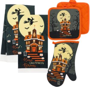 greenbrier international halloween 5 piece kitchen linen set home is where you hang your broom, orange, black, yellow, printed