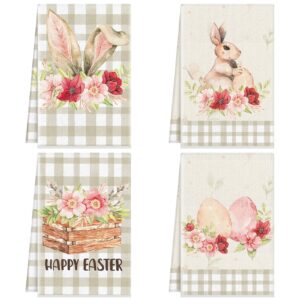 kajaia 4 pieces easter kitchen towels and dishcloths easter bunny flower egg kitchen towels buffalo plaid hand towels dish towels easter kitchen decor (bunny)