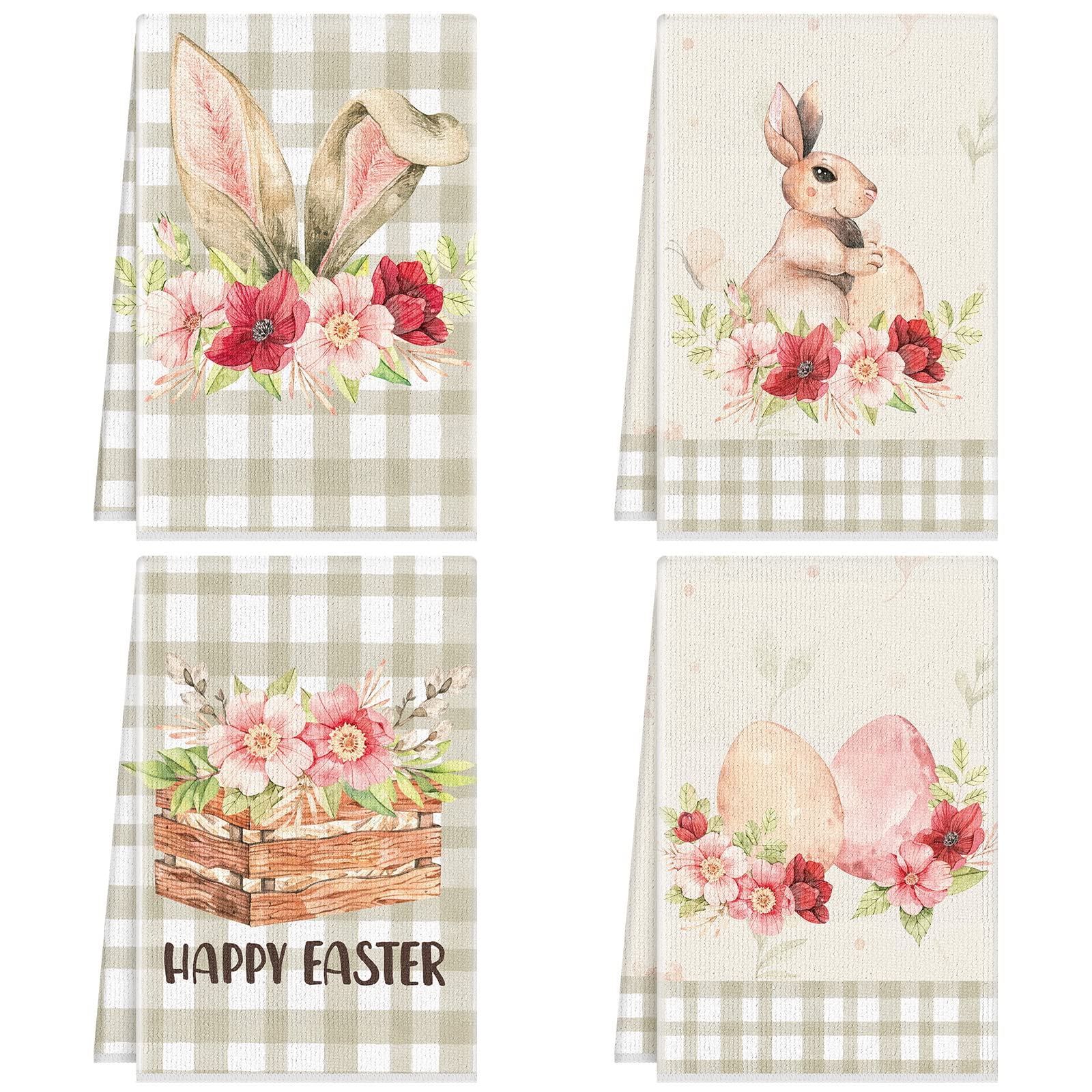 Kajaia 4 Pieces Easter Kitchen Towels and Dishcloths Easter Bunny Flower Egg Kitchen Towels Buffalo Plaid Hand Towels Dish Towels Easter Kitchen Decor (Bunny)