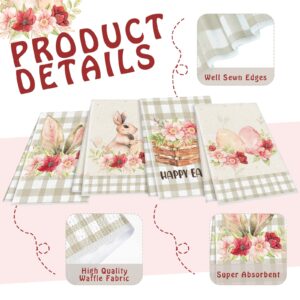 Kajaia 4 Pieces Easter Kitchen Towels and Dishcloths Easter Bunny Flower Egg Kitchen Towels Buffalo Plaid Hand Towels Dish Towels Easter Kitchen Decor (Bunny)