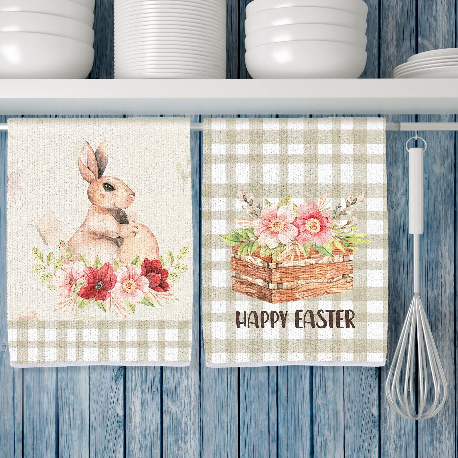 Kajaia 4 Pieces Easter Kitchen Towels and Dishcloths Easter Bunny Flower Egg Kitchen Towels Buffalo Plaid Hand Towels Dish Towels Easter Kitchen Decor (Bunny)