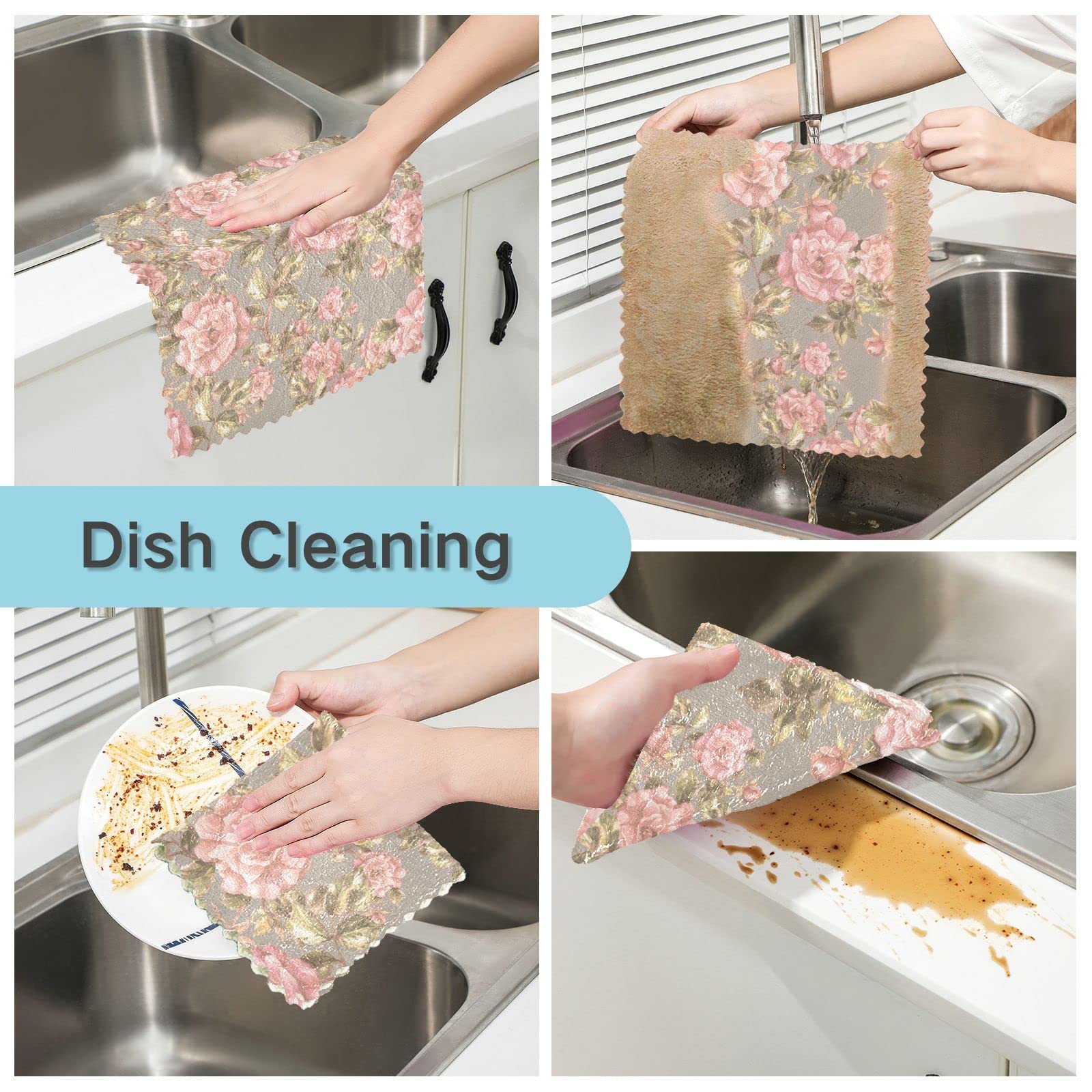 Bolaz Dish Cloths Dish Towels Kitchen Towels 6 Pack Sets Absorbent Retro Pink Rose Flower Soft Decorative Reusable Nonstick Oil Washable