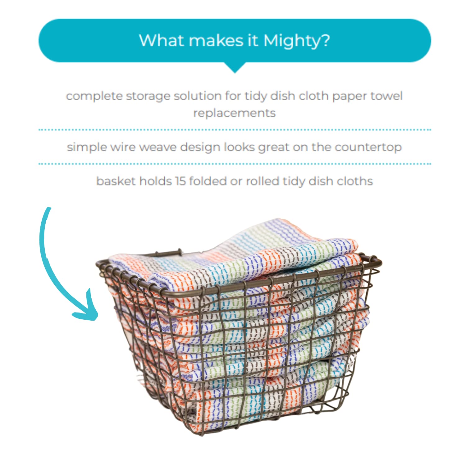 MightyNest Design Ideas Wire Basket with Set of 15 Reusable Dish Cloths for Kitchen | Paper Towel Alternative | Zero Waste | Each Kitchen Dish Towel is 12” x 12” | Reusable Kitchen Dish Rags