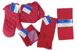 home collection red kitchen linen bundle package oven mitts (2) pot holder (2) kitchen towel (1) dish cloths (2), dish drying mat (1)