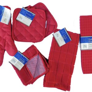 Home Collection Red Kitchen Linen Bundle Package Oven Mitts (2) Pot Holder (2) Kitchen Towel (1) Dish Cloths (2), Dish Drying Mat (1)