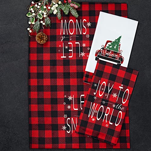 Christmas Kitchen Towels Set of 4, Black and Red Buffalo Plaid Christmas Dish Towels, Truck Ball Holiday Christmas Hand Towels for Kitchen, Bathroom, Cooking, Baking