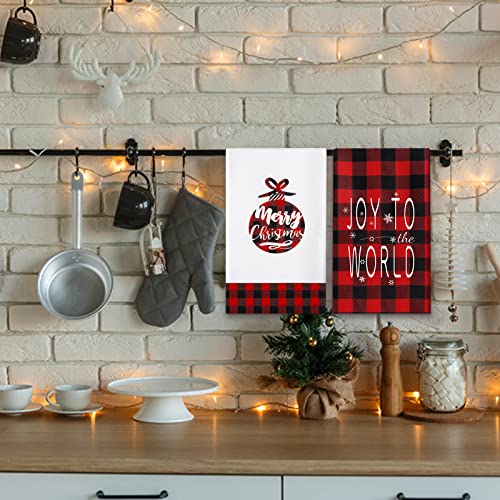 Christmas Kitchen Towels Set of 4, Black and Red Buffalo Plaid Christmas Dish Towels, Truck Ball Holiday Christmas Hand Towels for Kitchen, Bathroom, Cooking, Baking