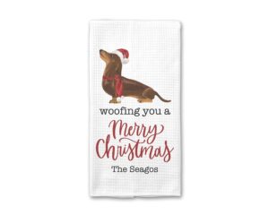 woofing you a merry christmas kitchen towel | personalized dachshund tea towel | puppy owner | golden retriever hand towel | dog lover gift | new pet decor (brown dachshund)