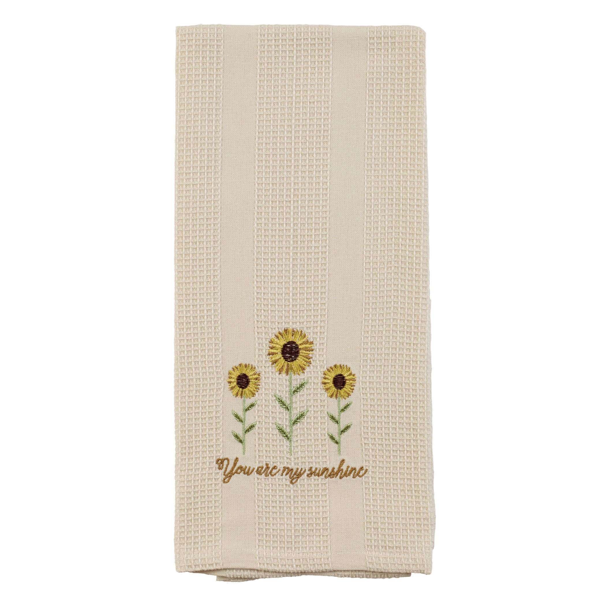 Cream You Are My Sunshine Sunflower 19 x 28 Inch Embroidered Cotton Waffle Dish Towel