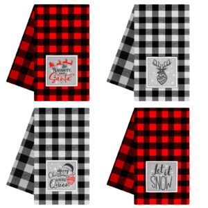 ruisita 4 pack buffalo plaid christmas cotton kitchen towels oversized embroidered xmas decorative dish towels 28 x 18 inch for winter holiday kitchen drying cooking