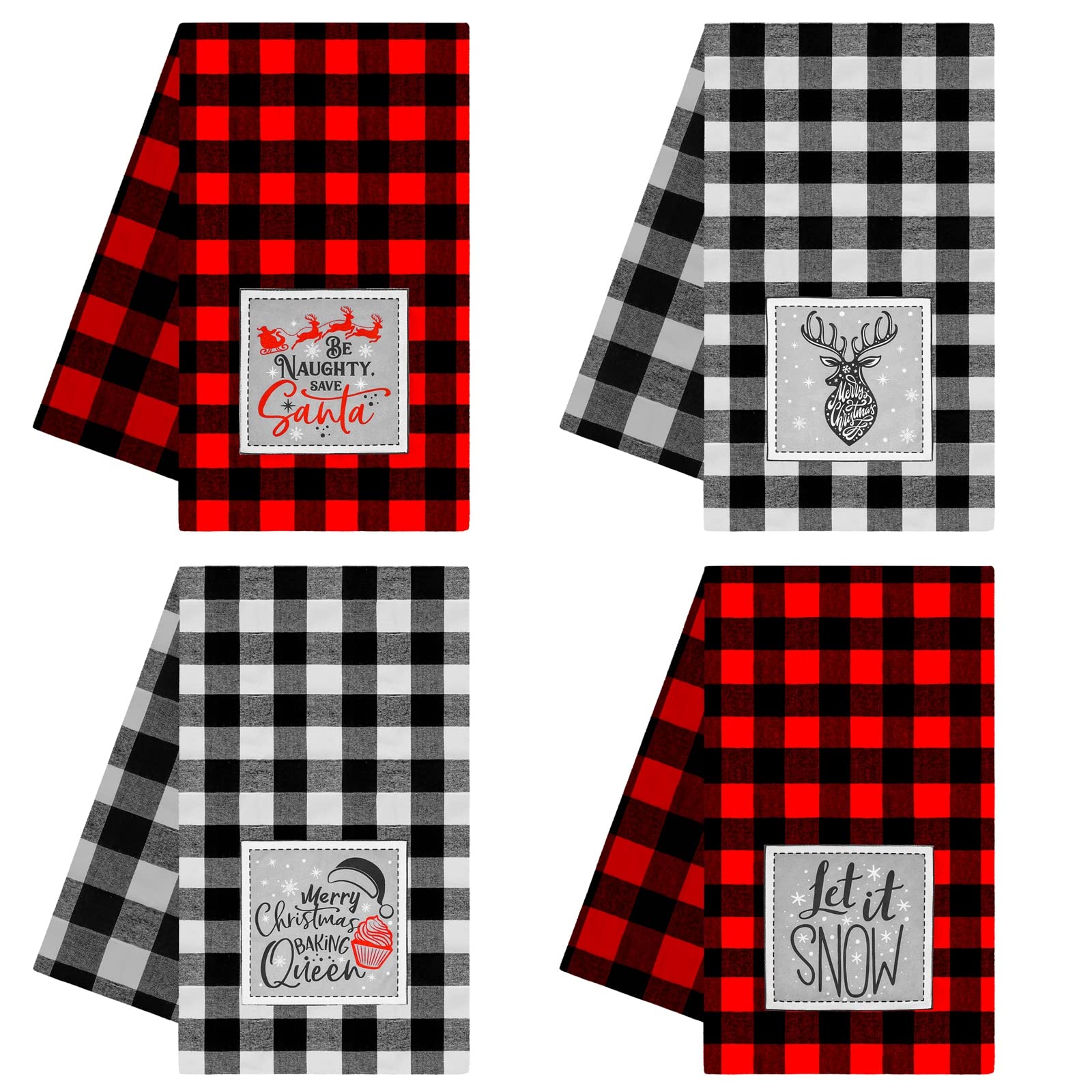 Ruisita 4 Pack Buffalo Plaid Christmas Cotton Kitchen Towels Oversized Embroidered Xmas Decorative Dish Towels 28 x 18 Inch for Winter Holiday Kitchen Drying Cooking