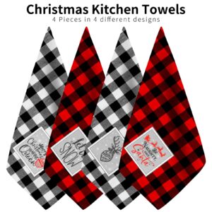 Ruisita 4 Pack Buffalo Plaid Christmas Cotton Kitchen Towels Oversized Embroidered Xmas Decorative Dish Towels 28 x 18 Inch for Winter Holiday Kitchen Drying Cooking