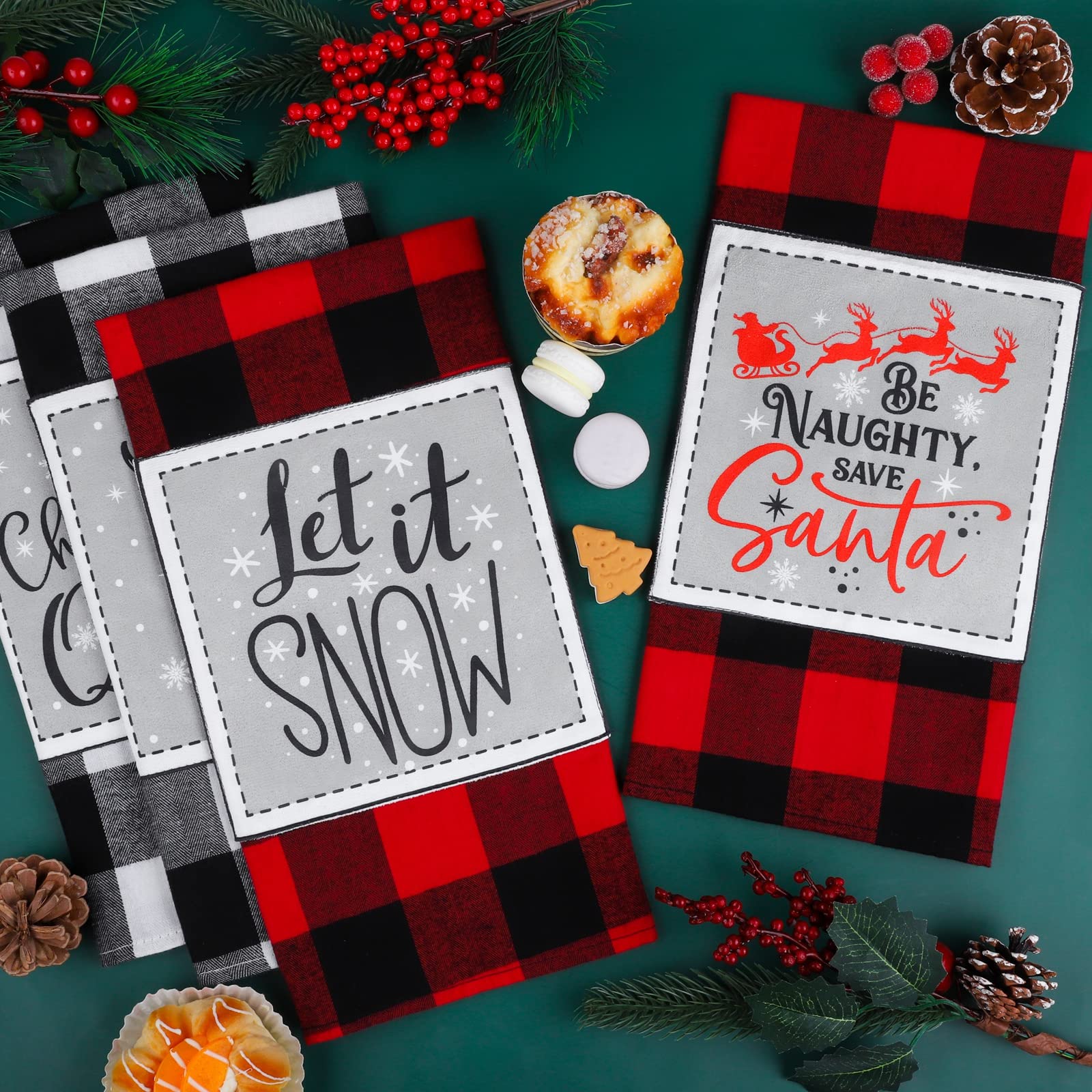 Ruisita 4 Pack Buffalo Plaid Christmas Cotton Kitchen Towels Oversized Embroidered Xmas Decorative Dish Towels 28 x 18 Inch for Winter Holiday Kitchen Drying Cooking