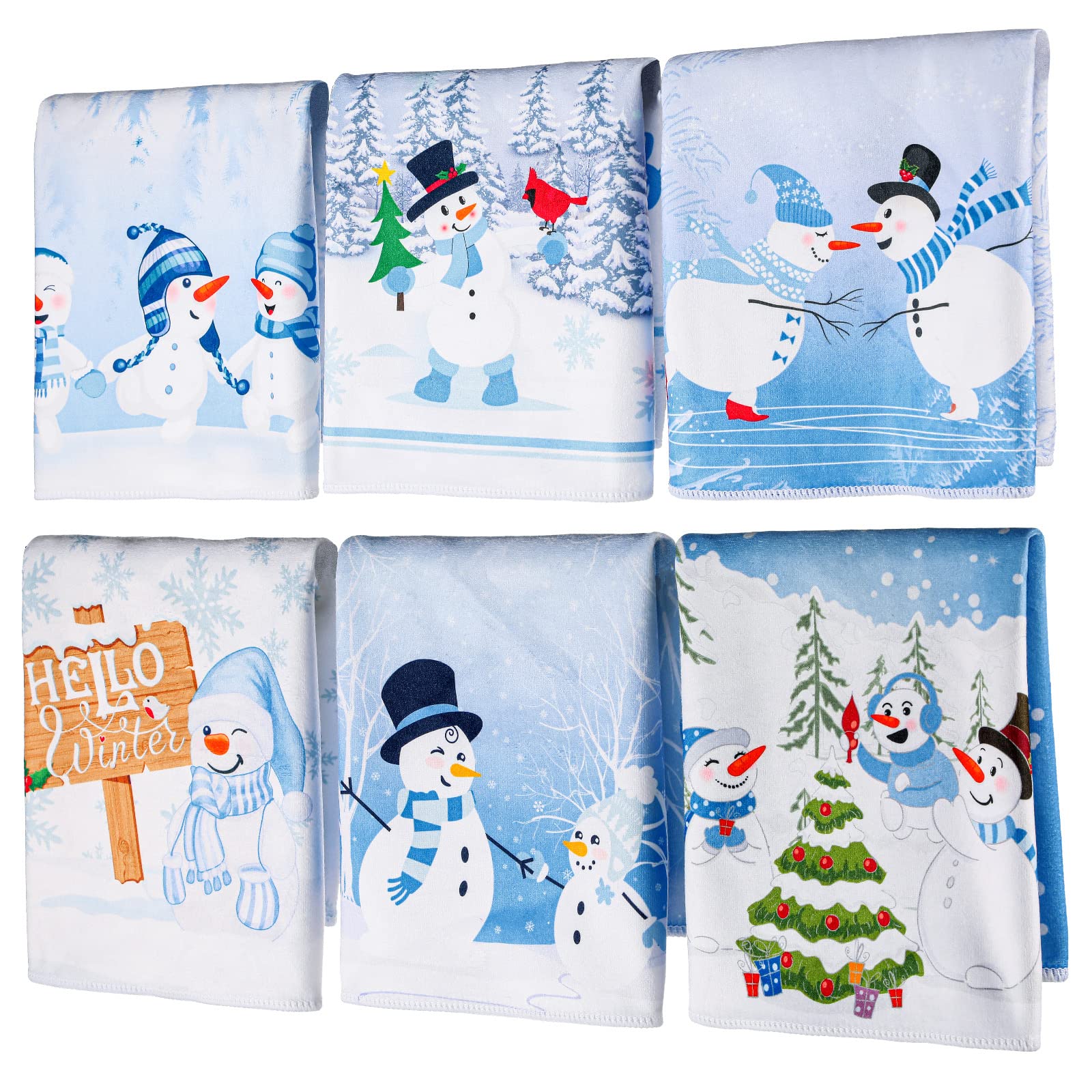 Panelee 6 Pcs Christmas Kitchen Hand Towels 12 x 18 Inch Winter Guest Towel Tea Towels Dish Washcloths Holiday Seasonal Soft Absorbent Towels for Home Cooking Baking Cleaning (Snowman)