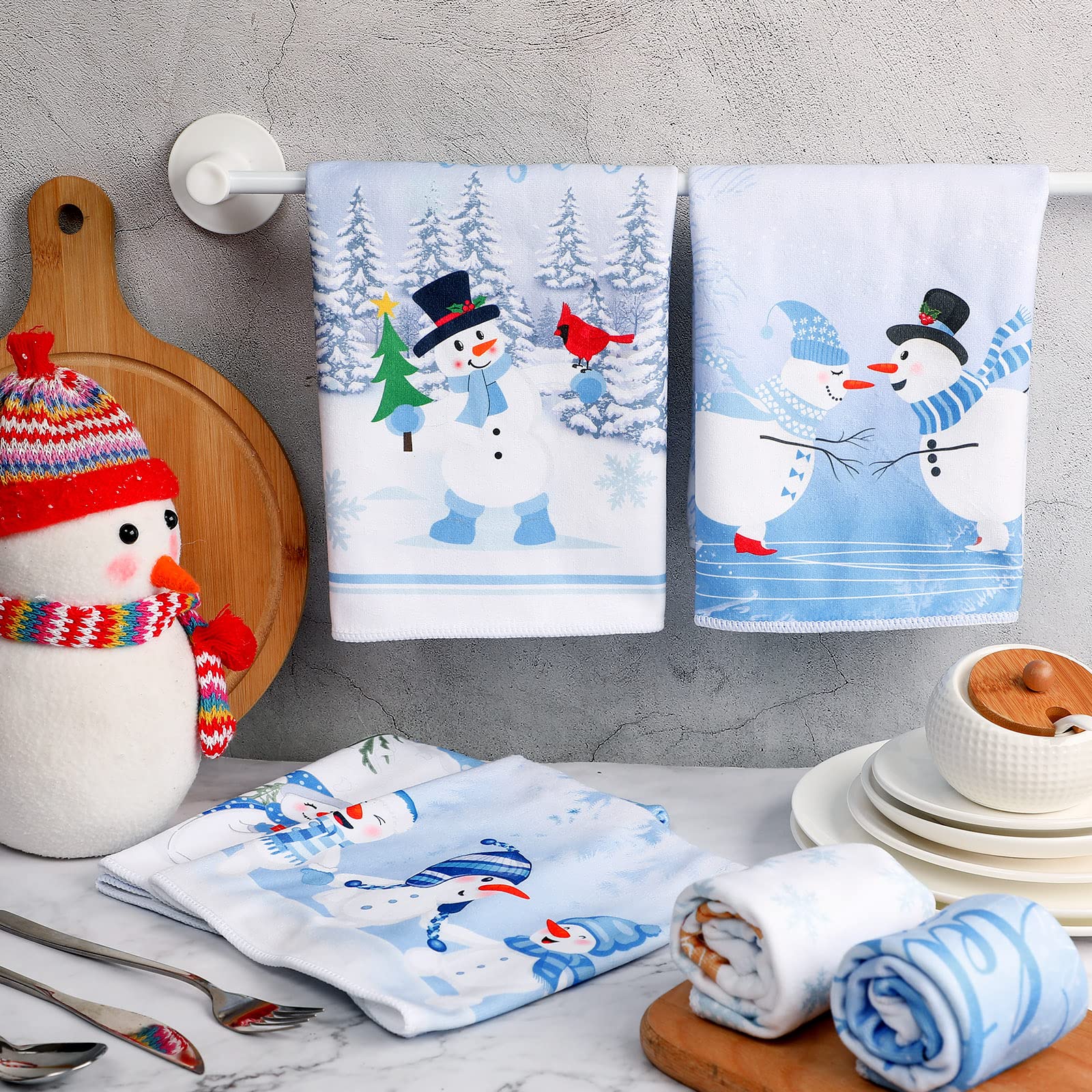 Panelee 6 Pcs Christmas Kitchen Hand Towels 12 x 18 Inch Winter Guest Towel Tea Towels Dish Washcloths Holiday Seasonal Soft Absorbent Towels for Home Cooking Baking Cleaning (Snowman)