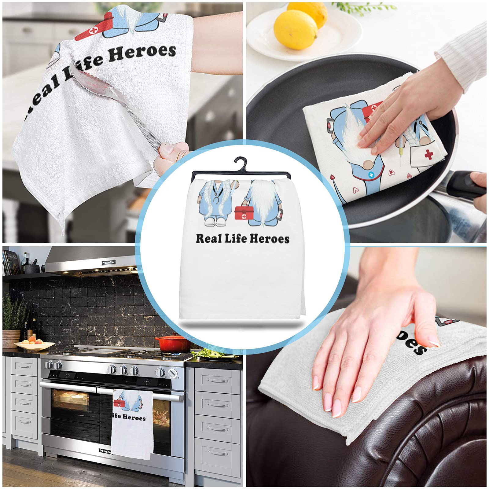 Kitchen Dish Towels 3 Pack-Super Absorbent Soft Microfiber,Nurse Real Life Heroes Gnome Nurses Cleaning Dishcloth Hand Towels Tea Towels for Kitchen Bathroom Bar