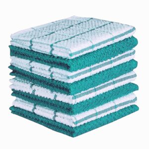 AMOUR INFINI Super Saver Bundle Pack of 4 Terry Dish Towels + 8 Dish Cloths | Ultra Soft and Absorbent Kitchen Towel & Dishcloth Combo | 100% Cotton Dishtowels for Washing Up | Teal