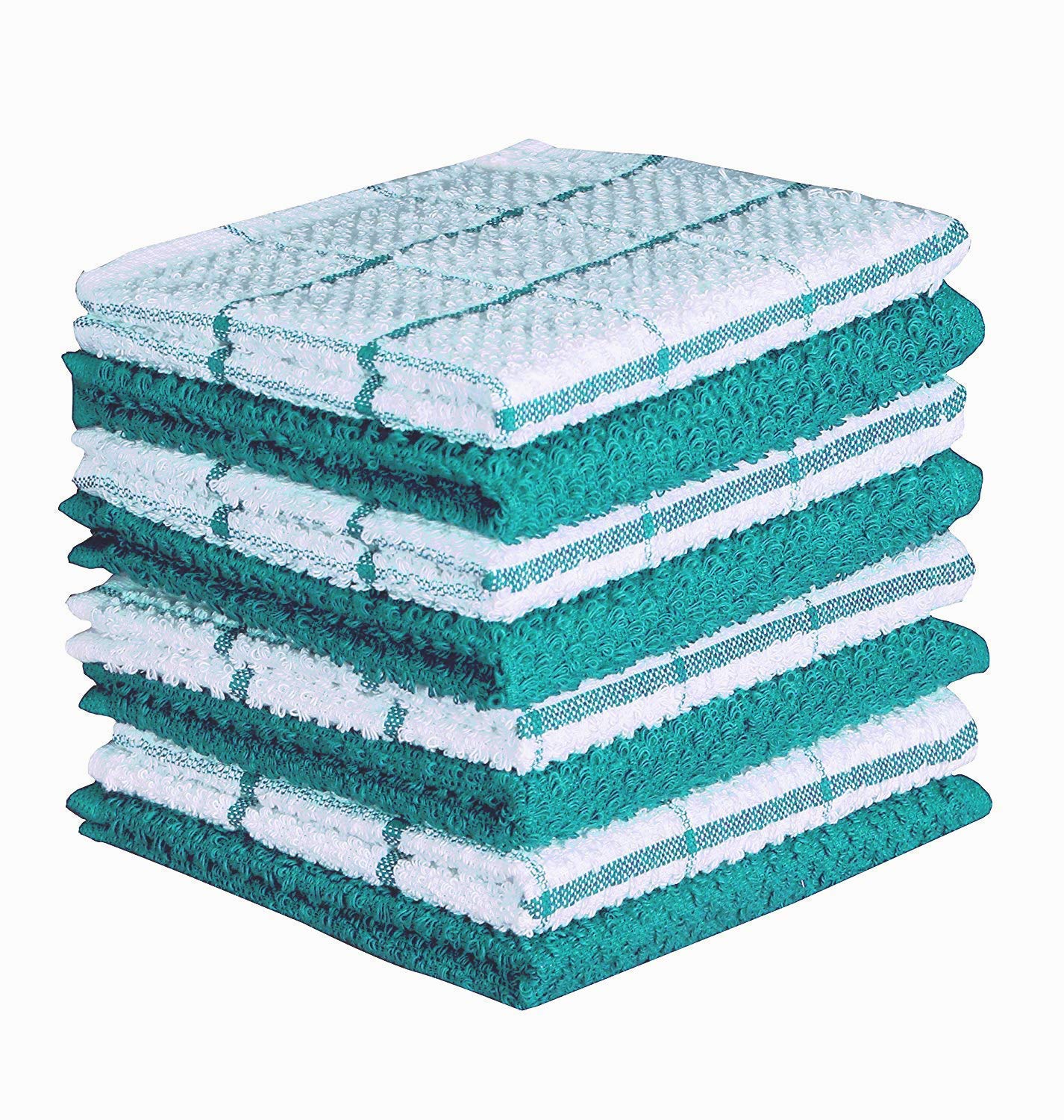 AMOUR INFINI Super Saver Bundle Pack of 4 Terry Dish Towels + 8 Dish Cloths | Ultra Soft and Absorbent Kitchen Towel & Dishcloth Combo | 100% Cotton Dishtowels for Washing Up | Teal