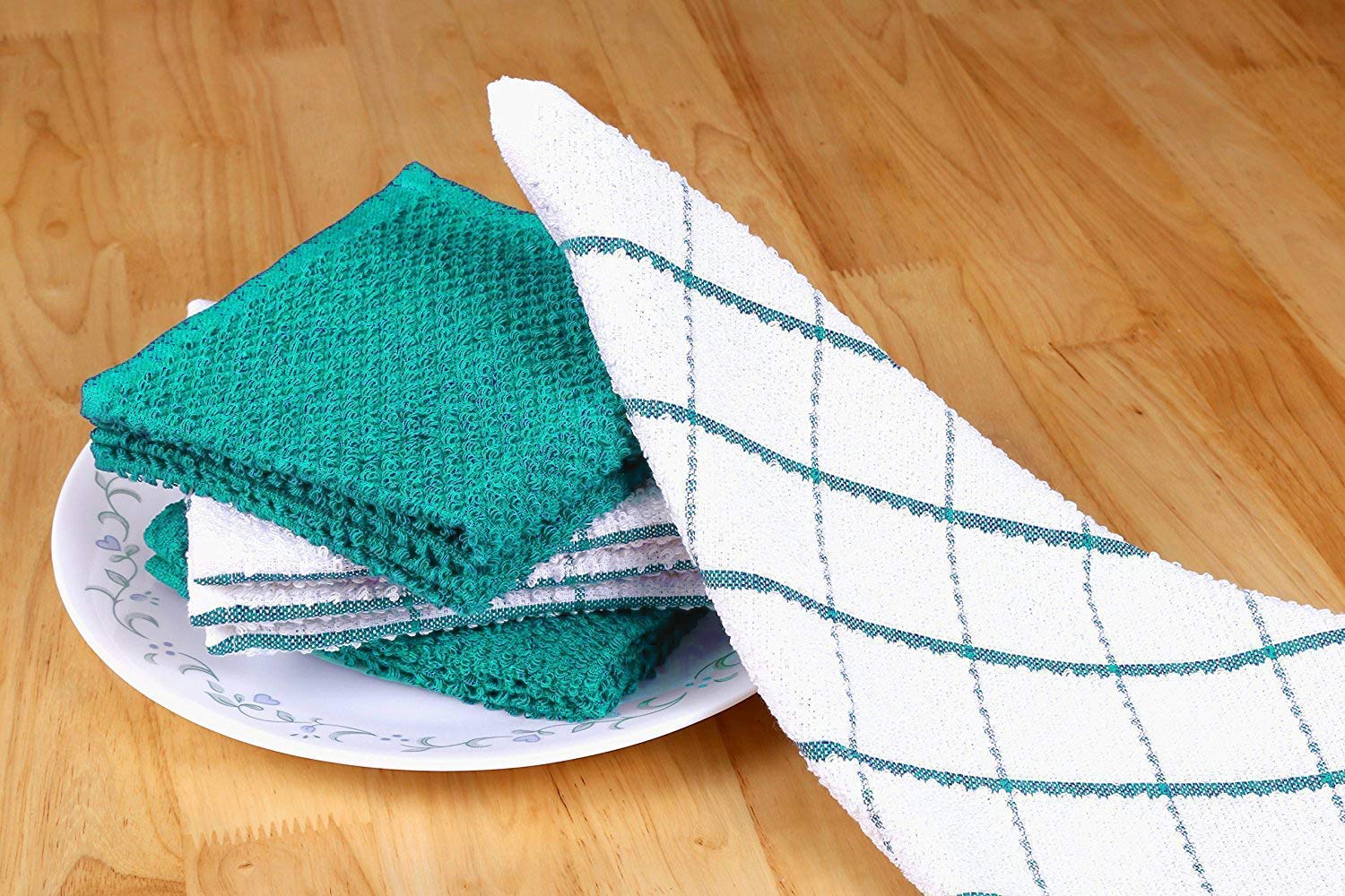 AMOUR INFINI Super Saver Bundle Pack of 4 Terry Dish Towels + 8 Dish Cloths | Ultra Soft and Absorbent Kitchen Towel & Dishcloth Combo | 100% Cotton Dishtowels for Washing Up | Teal