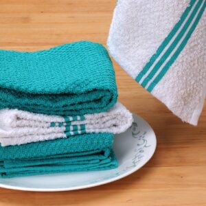 AMOUR INFINI Super Saver Bundle Pack of 4 Terry Dish Towels + 8 Dish Cloths | Ultra Soft and Absorbent Kitchen Towel & Dishcloth Combo | 100% Cotton Dishtowels for Washing Up | Teal