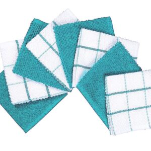 AMOUR INFINI Super Saver Bundle Pack of 4 Terry Dish Towels + 8 Dish Cloths | Ultra Soft and Absorbent Kitchen Towel & Dishcloth Combo | 100% Cotton Dishtowels for Washing Up | Teal