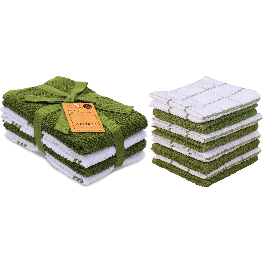 AMOUR INFINI Bundle Pack of 4 Terry Dish Towels + 8 Dish Cloths Ultra Soft and Absorbent Kitchen Towel & Dishcloth Combo (Green)