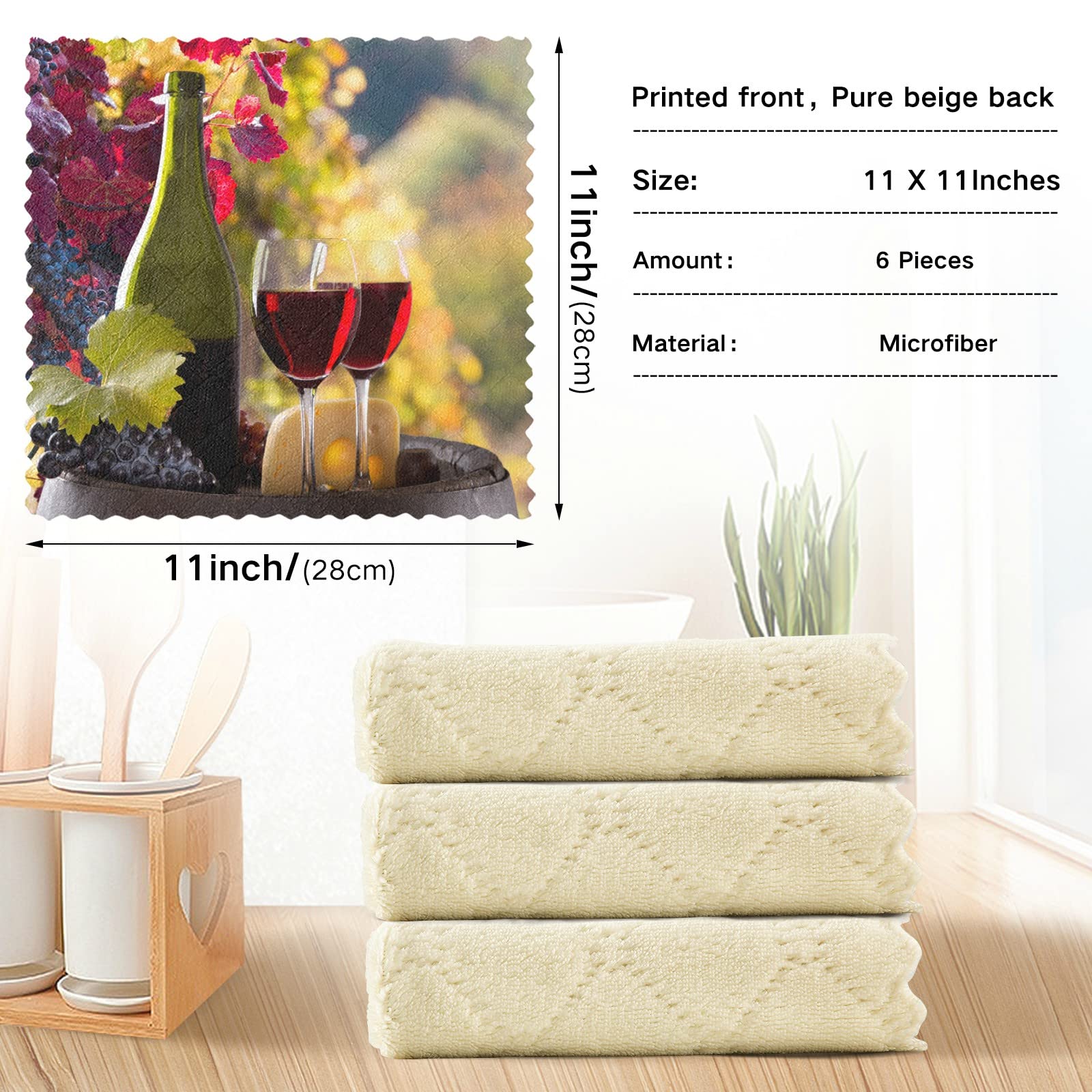 BOENLE Dish Towels Set of 6, Wine Glass Vine of Grapes Kitchen Drying Dishes Dishcloths Cotton Hanging Absorbent Rags Funny Decorative