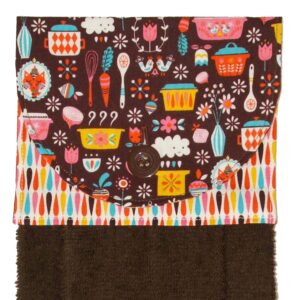hanging hand towel - kitchen tools & vintage pyrex fabric - brown blue pink - brown plush kitchen or bath towel - handmade by green acorn kitchen