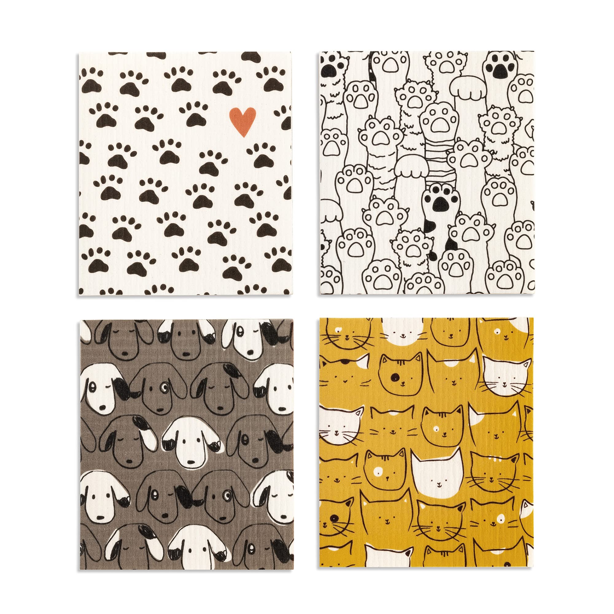 DEMDACO Dog and Cat Yellow and Brown 7 Inch Cotton Biodegradable Dish Cloths Set of 4