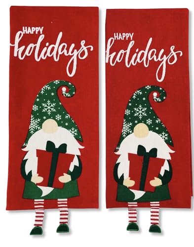 Winter Christmas Gnome Kitchen Towels Set: Embroidered Fun Love You Note and Cute Gnome with Feet Danglers