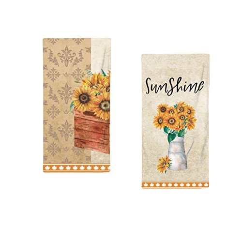 Strenflie Fall Kitchen Towels Set of 2, Yellow Floral Autumn Dish Towels Holiday Tea Hand Towels Housewarming Gifts for New Home Bathroom Kitchen