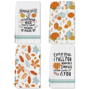 anydesign 4 pack fall kitchen dish towel thanksgiving leaves pumpkins tea towels 18 x 28 inch autumn rustic vintage fall harvest dishcloth hand drying cloth towel for holiday kitchen cooking baking