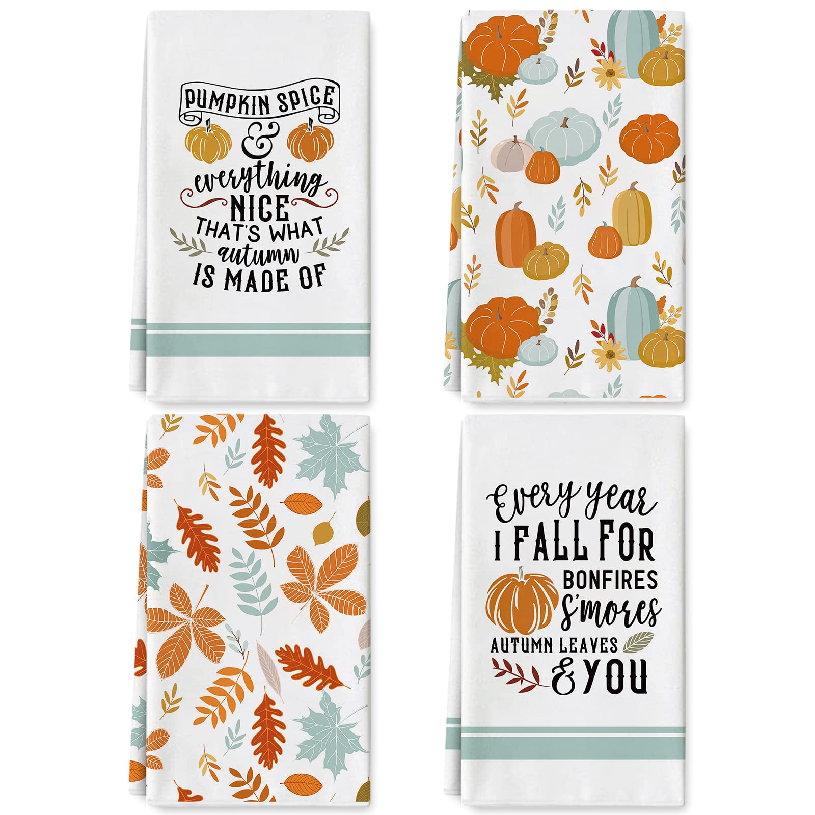 AnyDesign 4 Pack Fall Kitchen Dish Towel Thanksgiving Leaves Pumpkins Tea Towels 18 x 28 Inch Autumn Rustic Vintage Fall Harvest Dishcloth Hand Drying Cloth Towel for Holiday Kitchen Cooking Baking