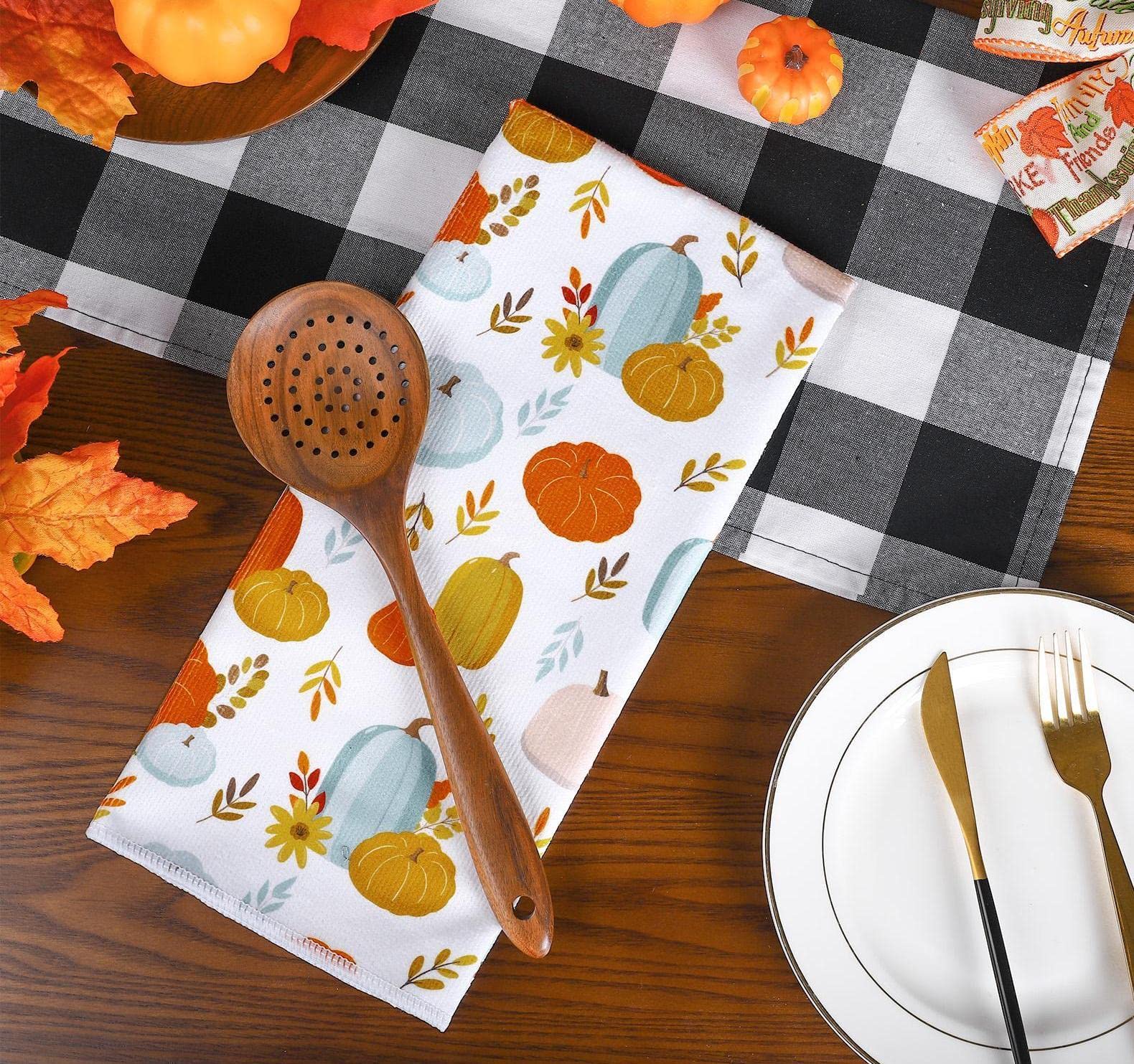 AnyDesign 4 Pack Fall Kitchen Dish Towel Thanksgiving Leaves Pumpkins Tea Towels 18 x 28 Inch Autumn Rustic Vintage Fall Harvest Dishcloth Hand Drying Cloth Towel for Holiday Kitchen Cooking Baking