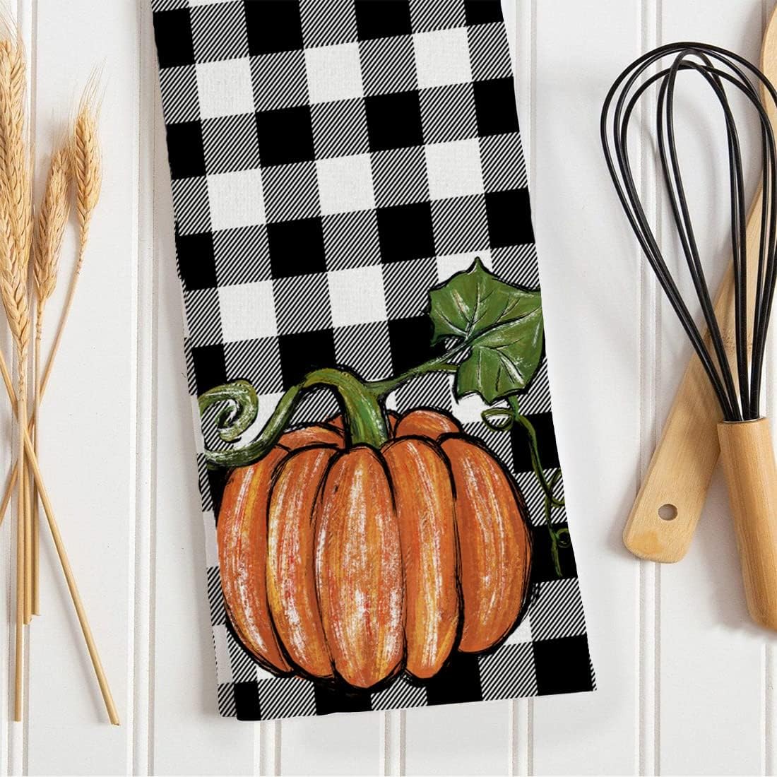 Fall Dish Towels for Fall Decor Watercolor Pumpkin Maple Leaves Kitchen Towels 18x26 Inch Buffalo Plaid Autumn Thanksgiving Ultra Absorbent Bar Drying Cloth Tea Sign Hand Towel for Cooking Set of 2