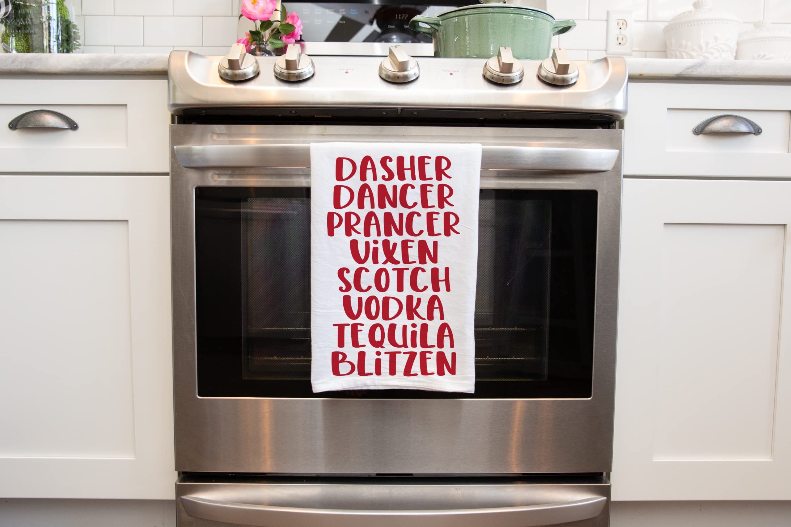 Handmade Funny Dasher Dancer Christmas Drinking Kitchen Towel - Cotton Bar Towel for Kitchen - 28x28 Inch Perfect for Hostess Housewarming Christmas Mother’s Day Birthday (Dasher Dancer Prancer...)