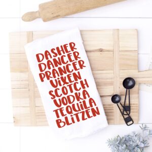 Handmade Funny Dasher Dancer Christmas Drinking Kitchen Towel - Cotton Bar Towel for Kitchen - 28x28 Inch Perfect for Hostess Housewarming Christmas Mother’s Day Birthday (Dasher Dancer Prancer...)