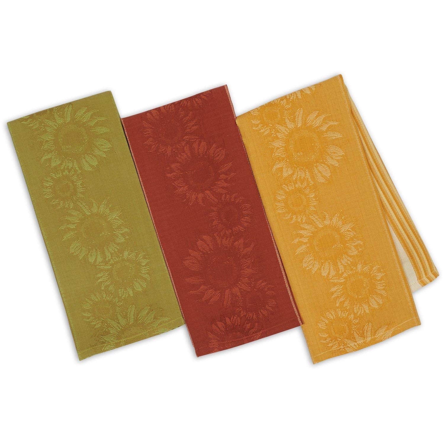 Design Imports DII Set 3 Sunflower Vine Jacquard Kitchen Dish Towels - Yellow - Green - Red