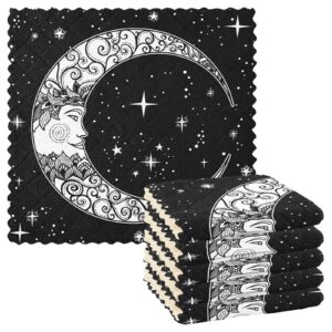 vintage hand drawn retro face of the moon stars on black 6 set kitchen dish towels, washcloths cleaning cloths dish cloths, absorbent towels lint free bar tea soft waffle towel 11"x11"