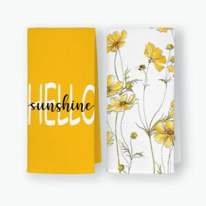 qodung hello sunshine summer spring soft kitchen towels dishcloths 16x24 inch set of 2,hand drawn daisy flower drying cloth hand towels tea towels for kitchen