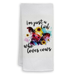 hiwx i'm just a girl who loves cows cow decorative kitchen towels and dish towels, cow towels, cow kitchen decor, cow farm farmhouse hand towels tea towel for bathroom kitchen decor 16x24 inches