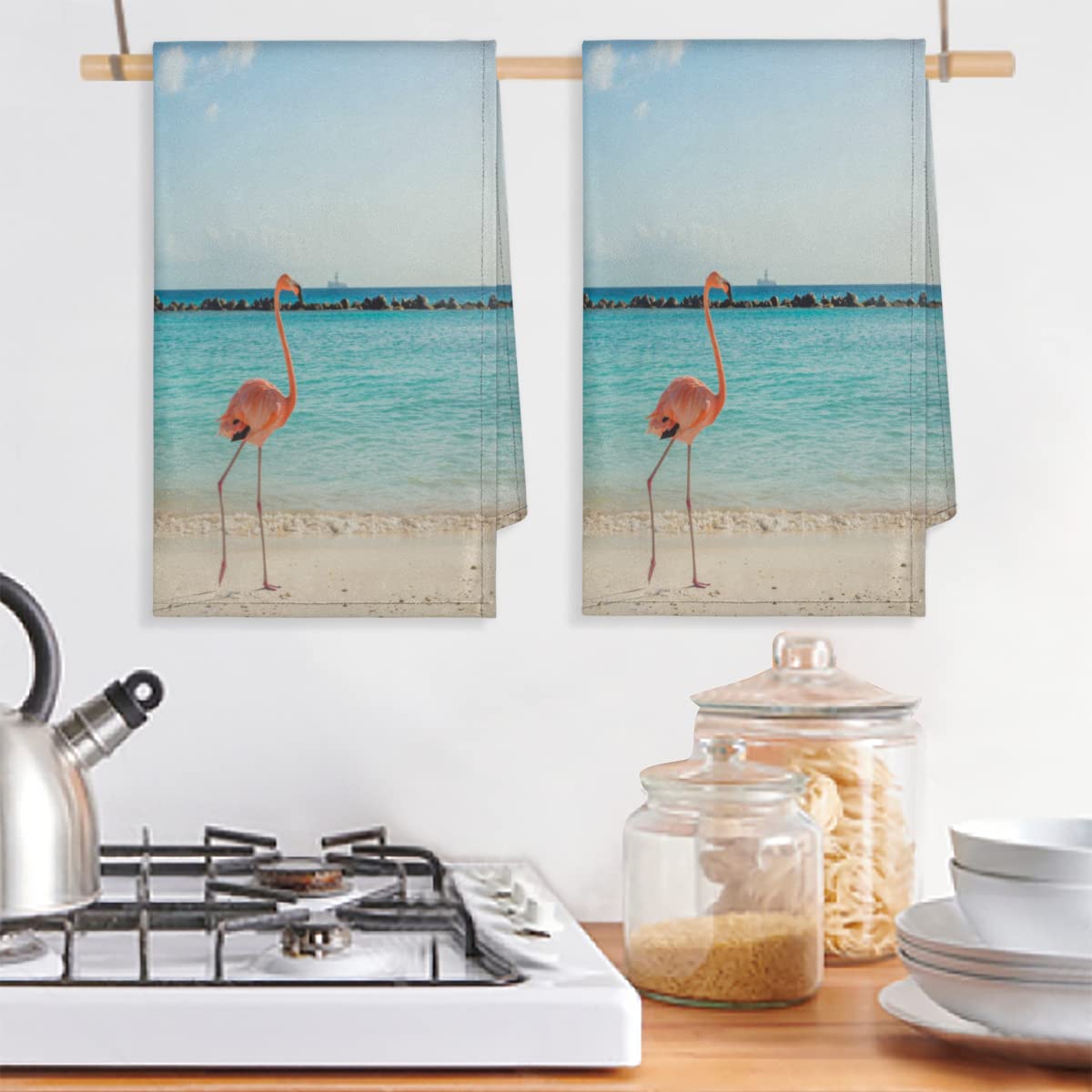 Flamingo Beach Kitchen Towels and Dishcloths Set of 4-17.7" x 28.3" Absorbent Dish Towels with Hanging Loop Hand Towel for Farmhouse Bar Towels & Tea Towels