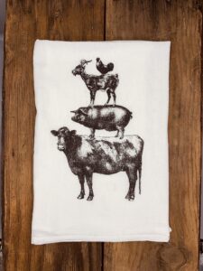 farmhouse tea towel | stacked farm animals | cow pig goat rooster | kitchen dish towel gift
