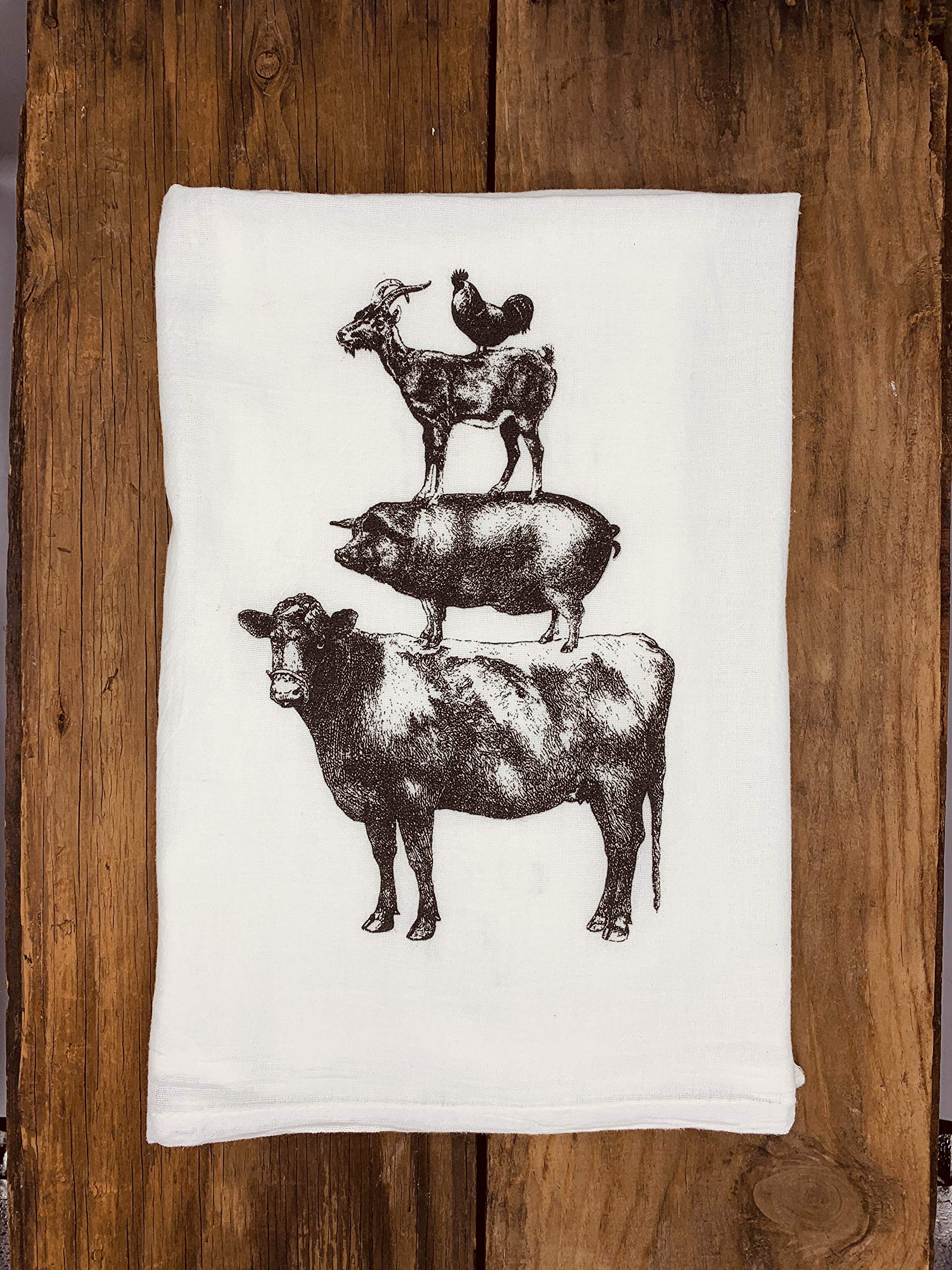 Farmhouse Tea Towel | Stacked Farm Animals | Cow Pig Goat Rooster | Kitchen Dish Towel Gift