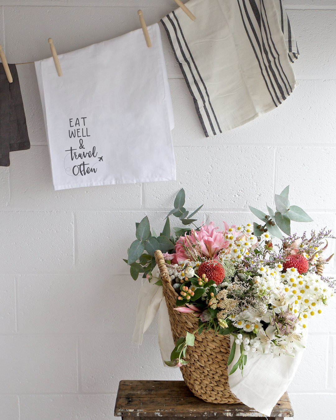 The Cotton & Canvas Co. Eat Well Travel Often Soft and Absorbent Kitchen Tea Towel, Flour Sack Towel and Dish Cloth