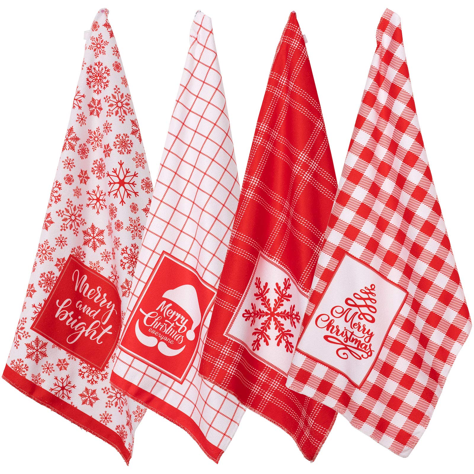 Whaline Christmas Kitchen Towel Red White Plaid Dish Towel Snowflake Xmas Tree Soft Dishcloth Large Size Decorative Holiday Cloth Towel for Christmas Home Kitchen Coking Baking, 4 Designs, 28 x 18